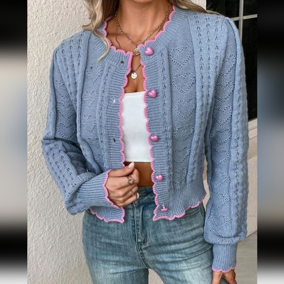 Contrast Binding Button Front Cardigan,Long Sleeve Tops - Picture 4 of 5